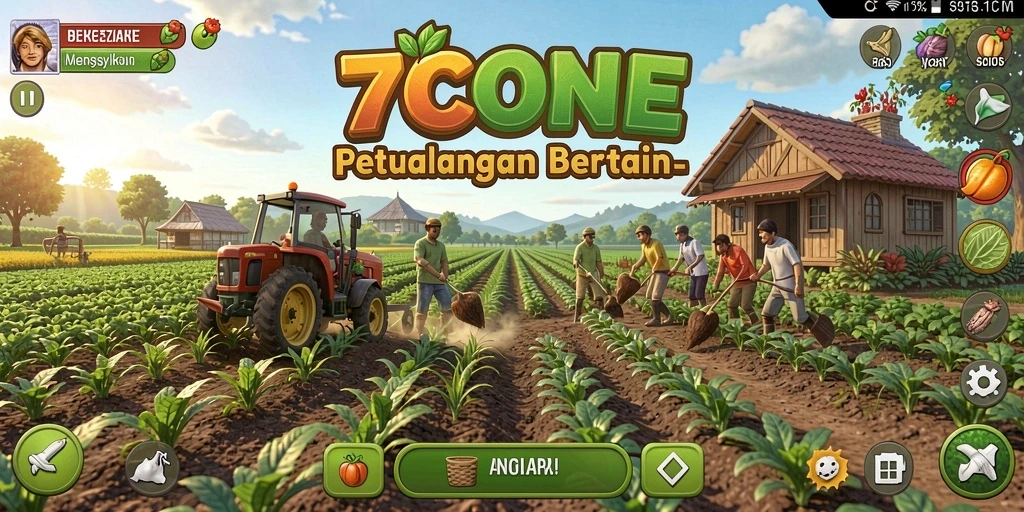 Tampilan gameplay <strong>7CONE</strong> dengan kebun yang subur dan hewan ternak yang bahagia.