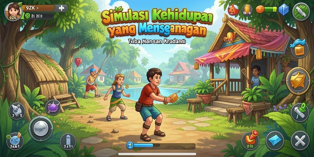 Screenshot gameplay 9ZK menunjukkan interaksi karakter dalam dunia simulasi.