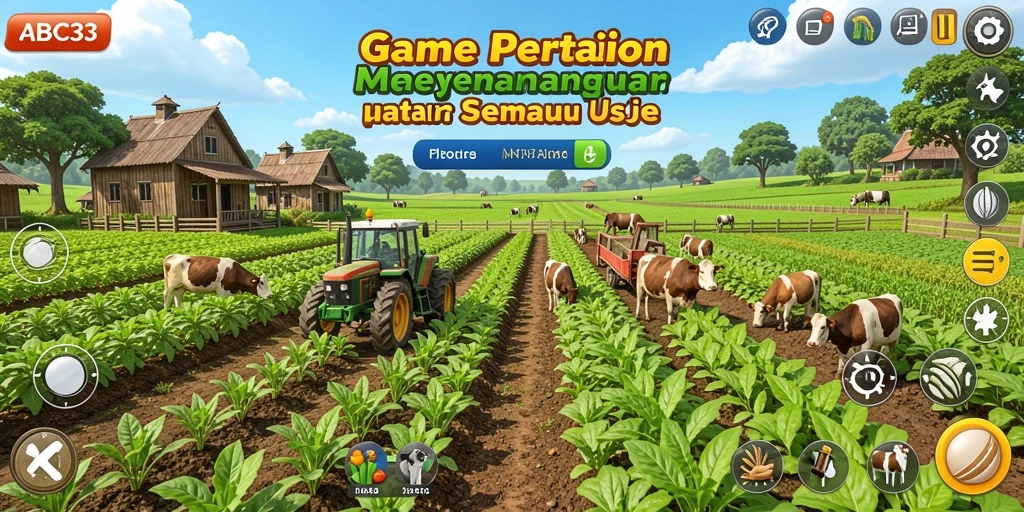 Gameplay ABC33 yang menarik dengan ladang dan tanaman berwarna-warni.