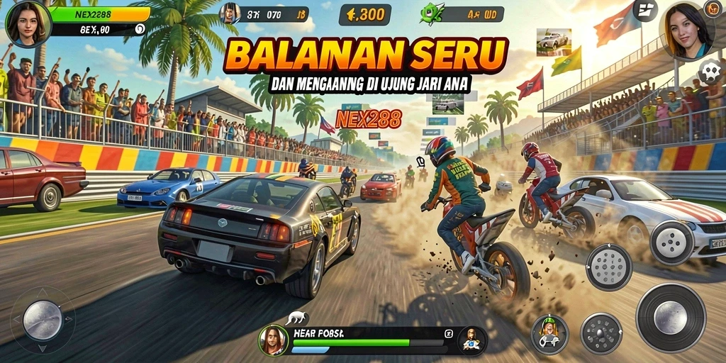 Gameplay NEX288 menampilkan mobil balap yang melaju kencang di lintasan dengan grafis menawan.