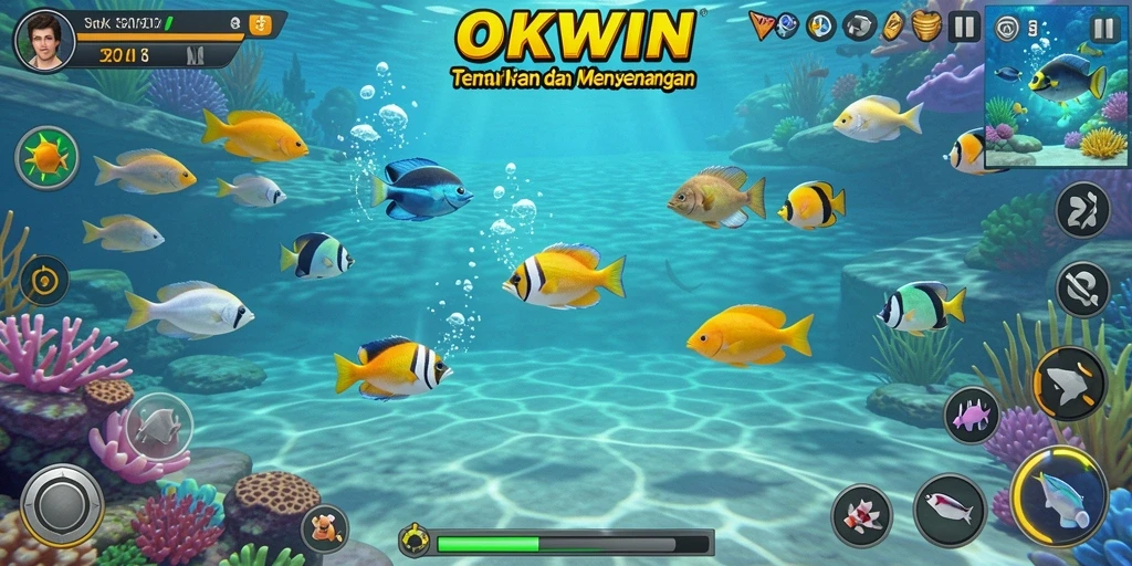 Screenshot gameplay seru dari OKWIN saat menembak ikan.