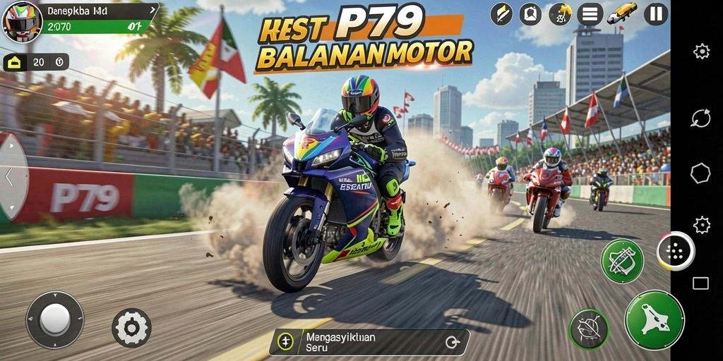 Screenshot gameplay RP79 yang menampilkan balapan motor yang seru dan mendebarkan.