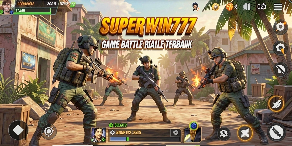 Screenshot gameplay SUPERWIN777 menampilkan aksi pertempuran Battle Royale yang mendebarkan.