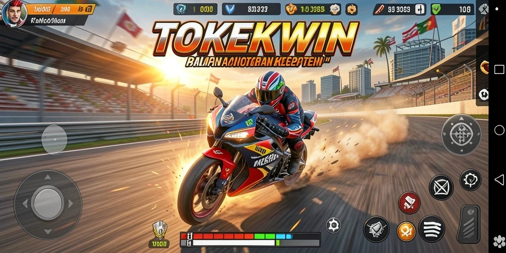 Tangkapan layar gameplay TOKEKWIN menampilkan aksi balapan motor yang mendebarkan.